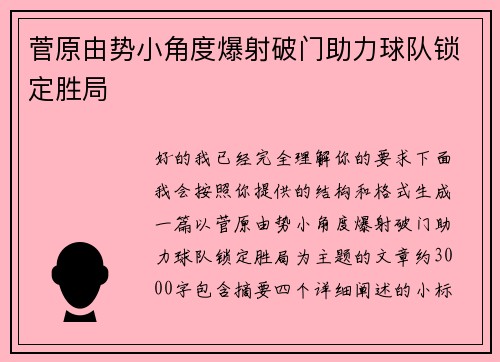 菅原由势小角度爆射破门助力球队锁定胜局 菅原由势小角度爆射破门助力球队锁定胜局