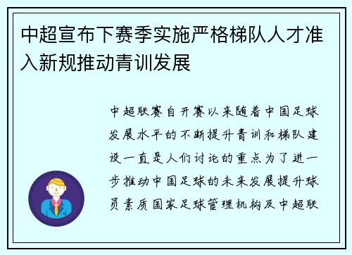 中超宣布下赛季实施严格梯队人才准入新规推动青训发展 中超宣布下赛季实施严格梯队人才准入新规推动青训发展